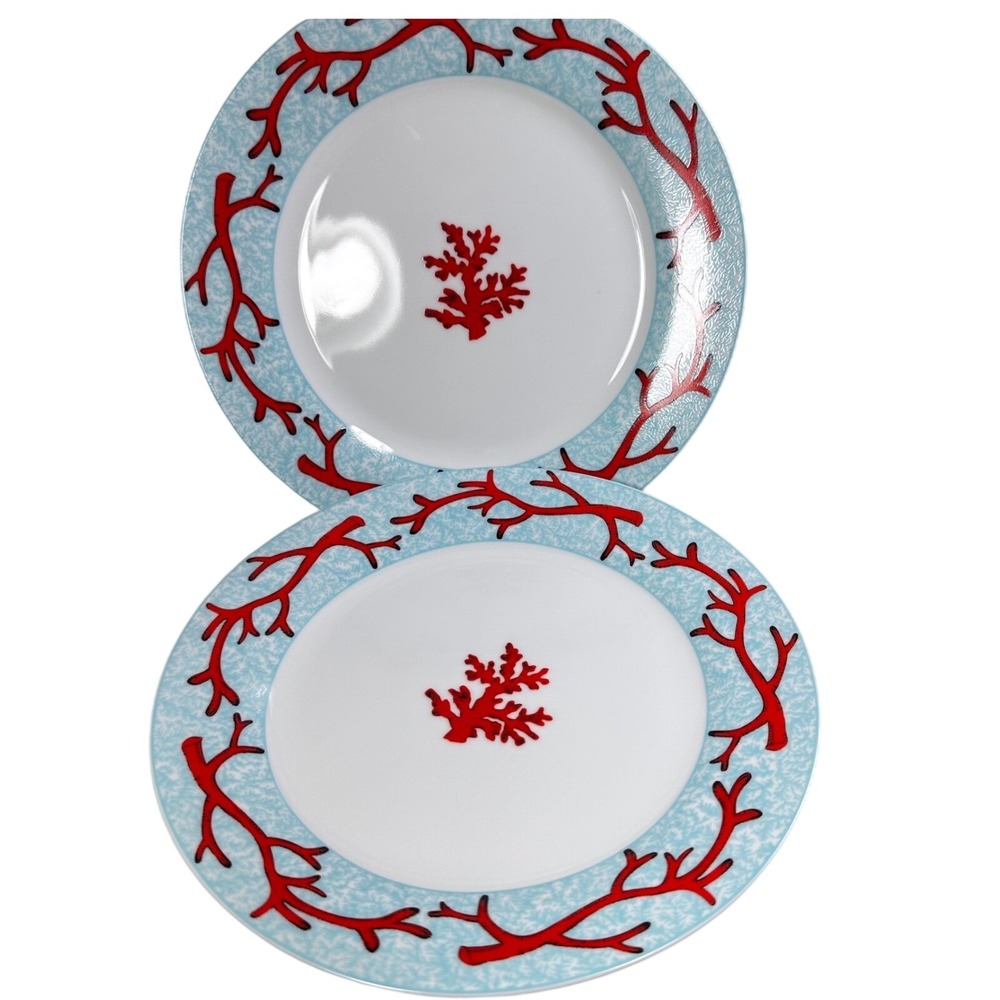 Z Gallerie Coral Salad Plates Set of 2 Aqua Red Porcelain Coastal 9 Inch Retired